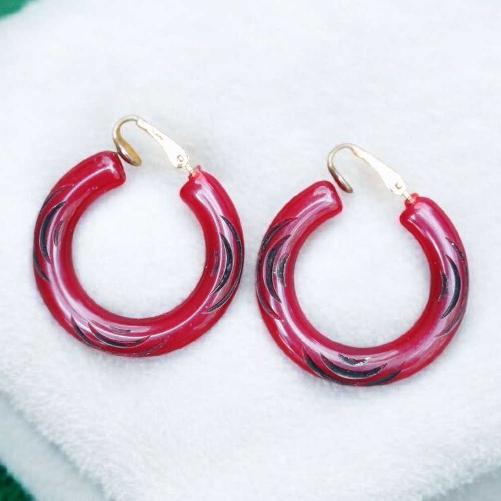 Vintage Red bakelite hoop earrings